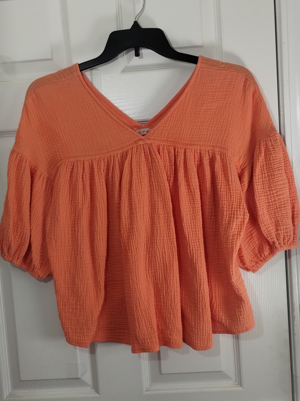 Coral/Orange Textured Cropped Gauze Babydoll Top W/V-Neck And Short Puff Sleeves